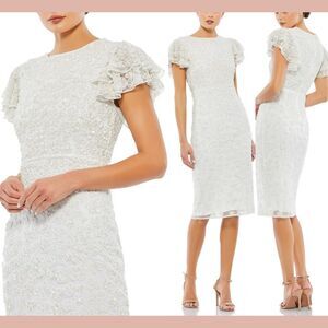 NWT‎ MAC DUGGAL [ 20 ] 10827 Flounce Sleeve Beaded Midi Dress White